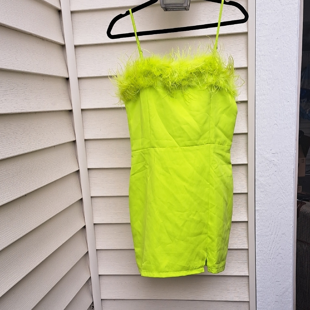 Neon Yellow Feather Trim Mini Dress